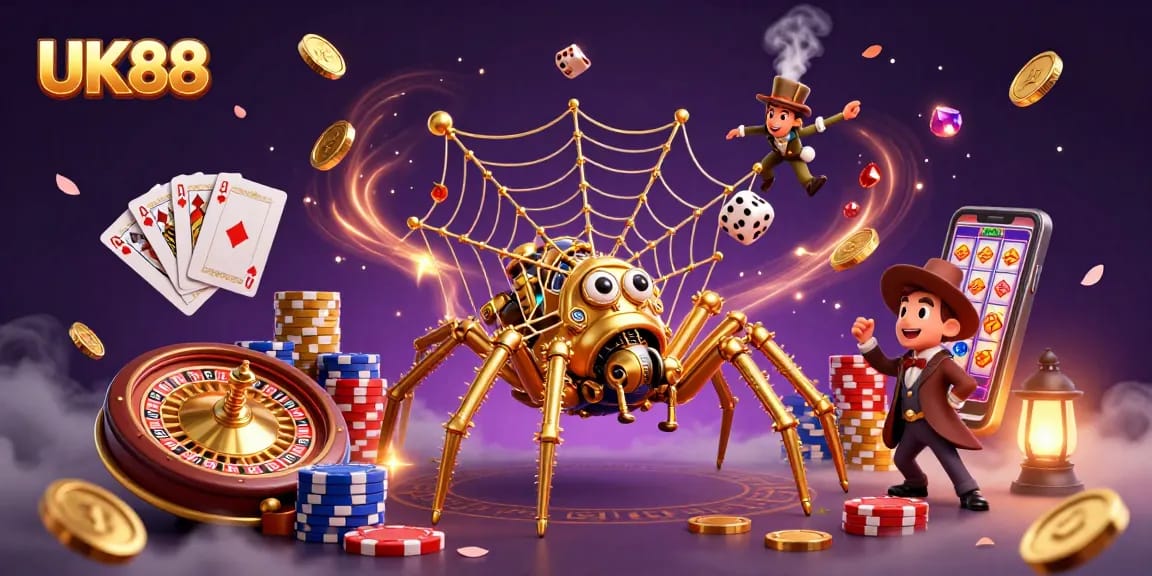 Experience UK88's vibrant 3D casino scene with dynamic steampunk characters caught in winning excitement.