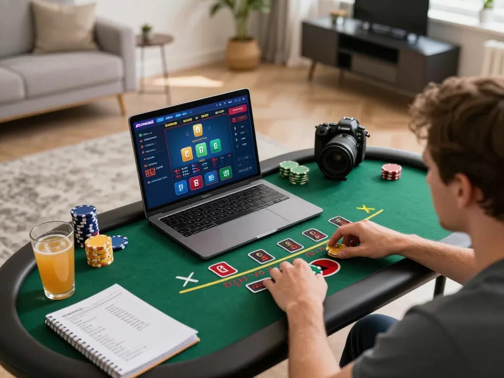 rik88 player engaged in online blackjack strategy at home with laptop, snacks, and notes
