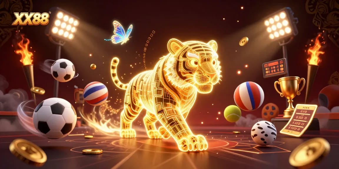 Experience the thrill of XX88 in this vibrant casino scene showcasing a golden tiger and dynamic sports elements.