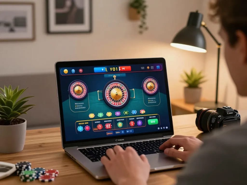 fun88 online player engaged in live roulette game on laptop, cozy home office atmosphere