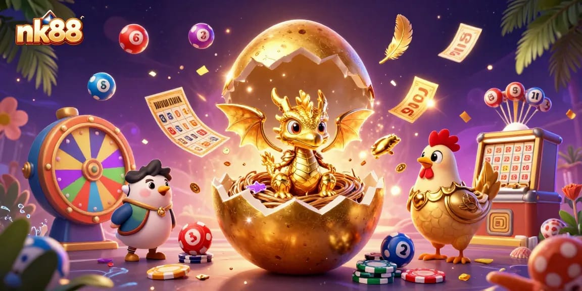 Engage with nk88's dynamic gaming scene featuring a golden egg, poker chips, and vibrant lottery elements.