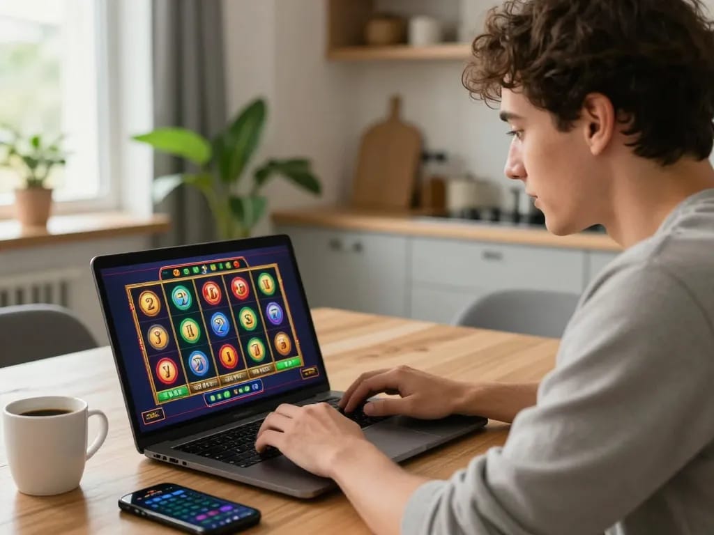 Cổng game Bom88 engaging player spins colorful online slot machine on laptop.