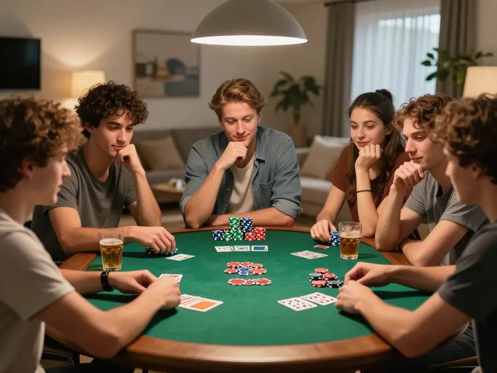Friends engaged in an exciting poker night showcasing the go8s spirit of home gaming excitement.