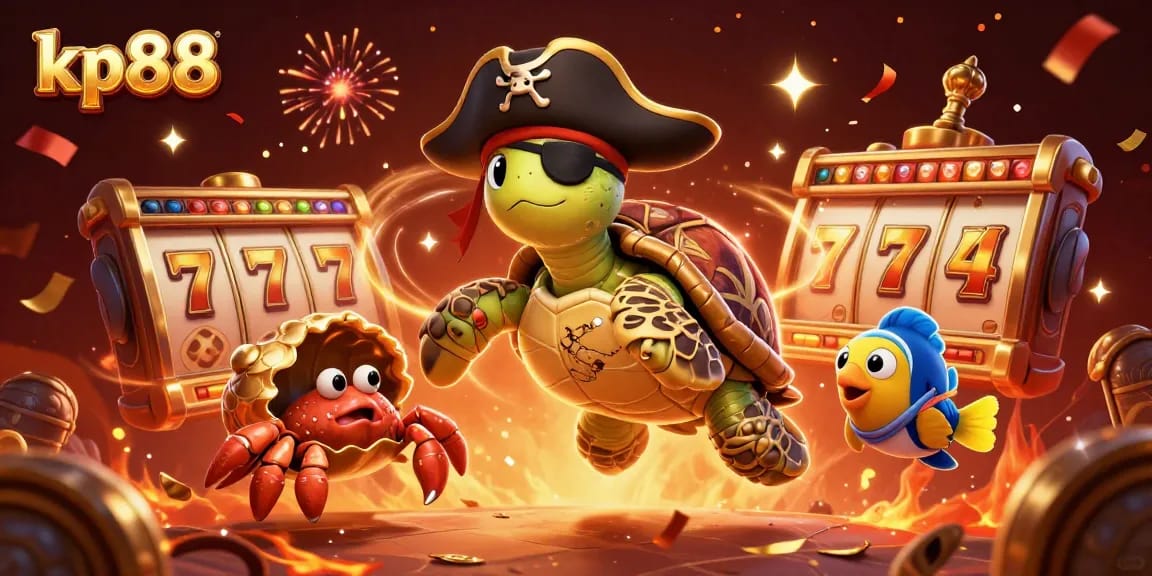 Engage in thrilling casino action at kp88 with a vibrant pirate-themed illustration of a turtle and treasure.