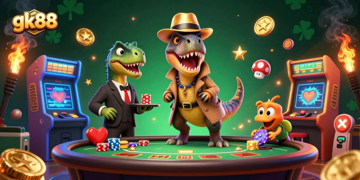 Engage with gk88's dynamism at a blackjack table featuring a velociraptor card counter, stegosaurus pit boss, and compy pickpocket.