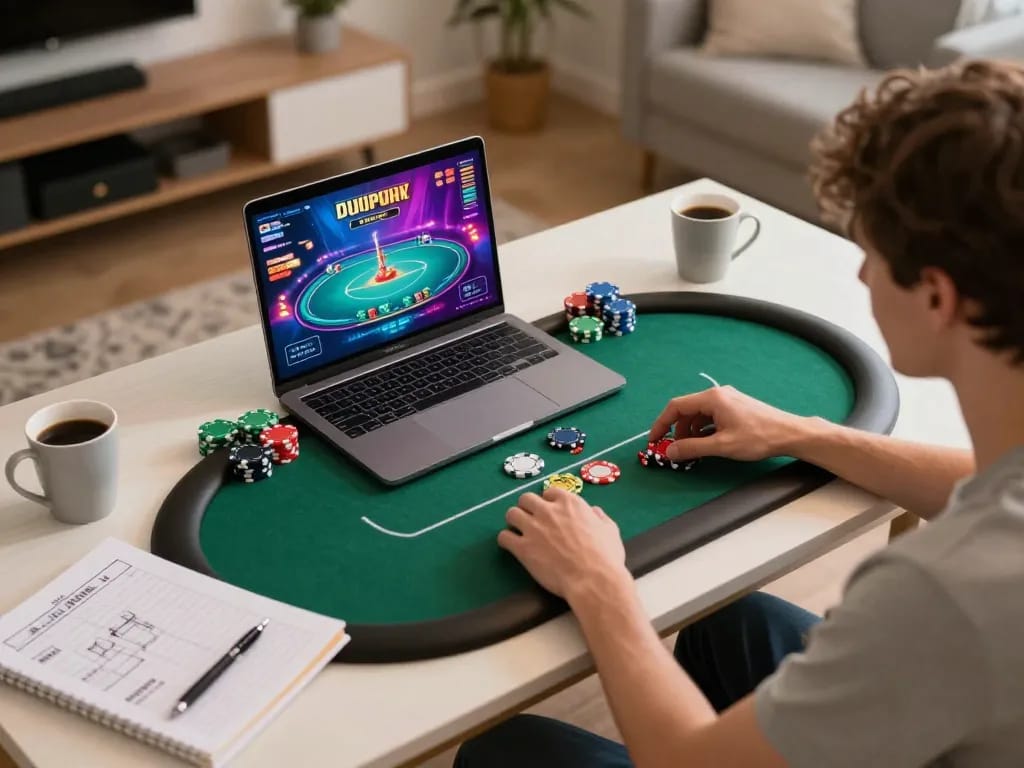 Engaging poker gameplay on lu88 showcasing strategy in a stylish home setup.