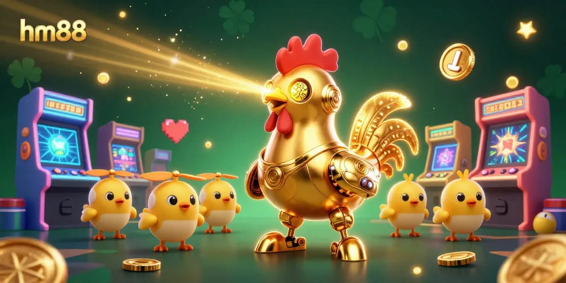 Engage with the vibrant gaming universe of hm88 featuring a retro-futuristic golden rooster robot surrounded by colorful casino elements.