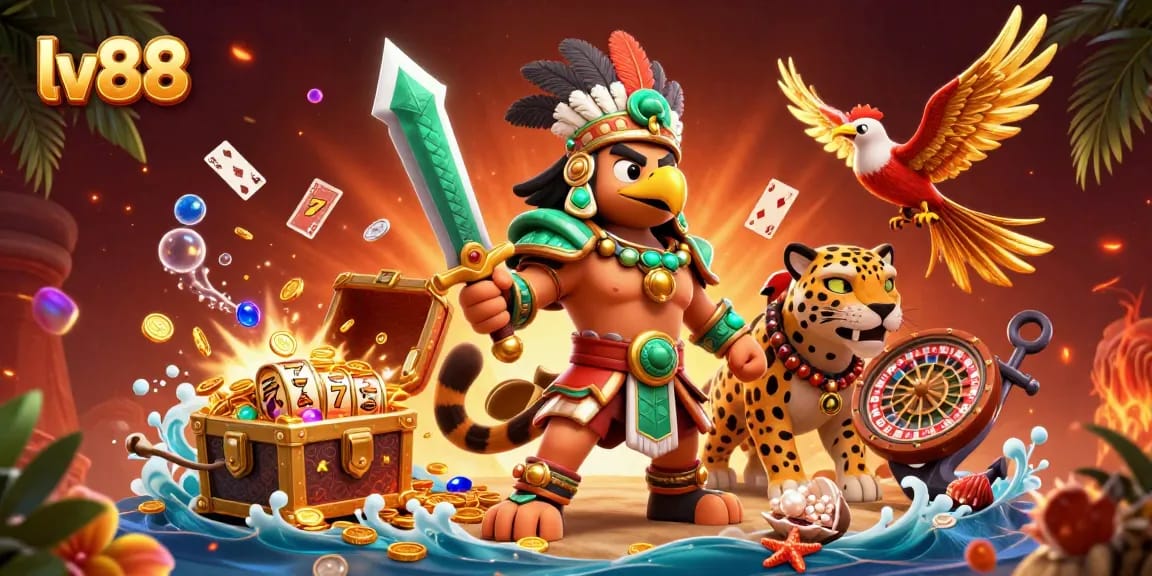 Experience the thrills of gambling at lv88 with Aztec warriors surrounded by slot machines and golden treasures.