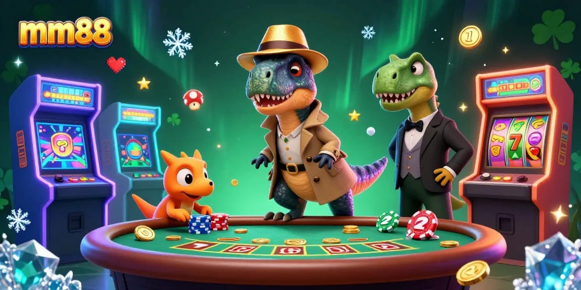 Experience dynamic mm88 gaming with vibrant velociraptor card counters and casino elements.