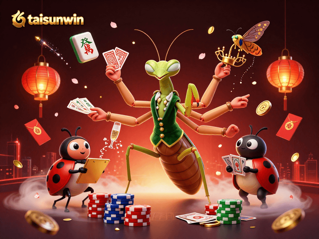Experience the excitement with taisunwin's vibrant casino scene featuring a giant mantis card sharp.