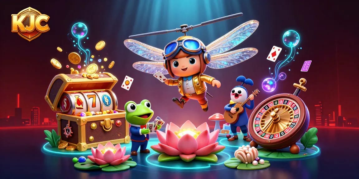 KJC casino scene featuring a dragonfly pilot and a frog croupier dealing cards in a vibrant underwater setting.
