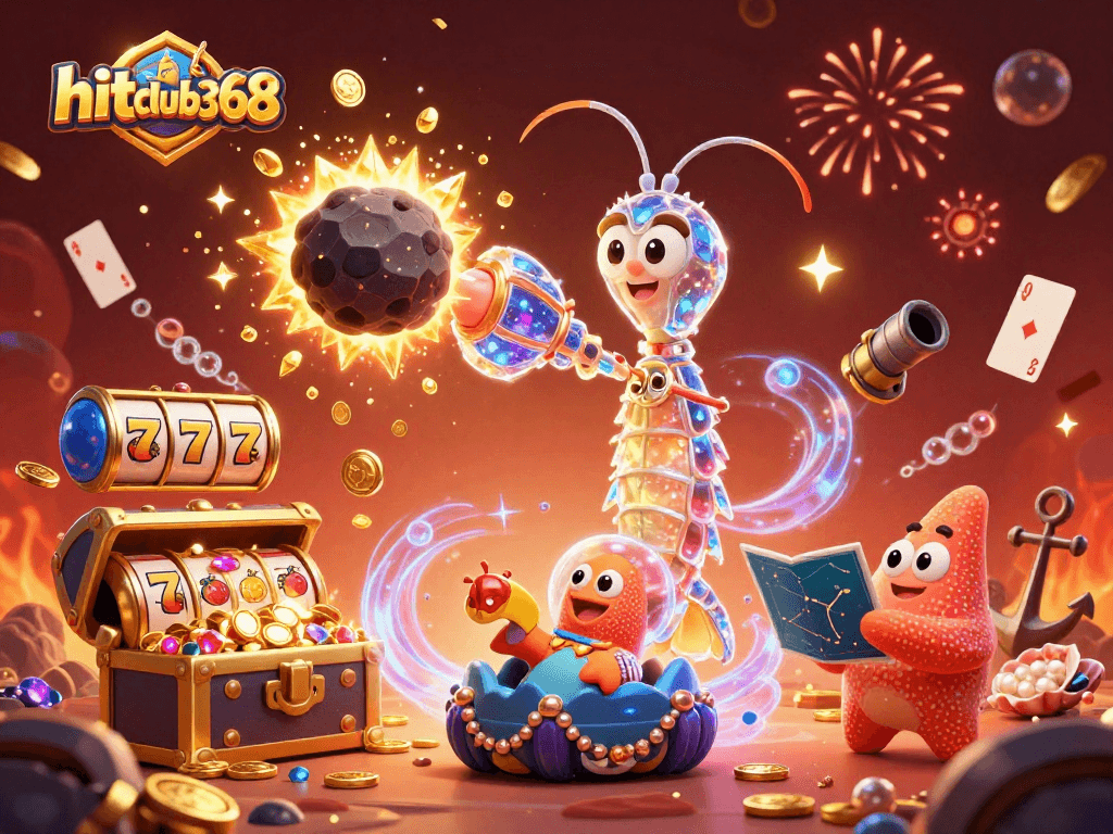 Experience excitement with hitclub368 as a samurai shrimp battles for treasures in a vibrant casino.