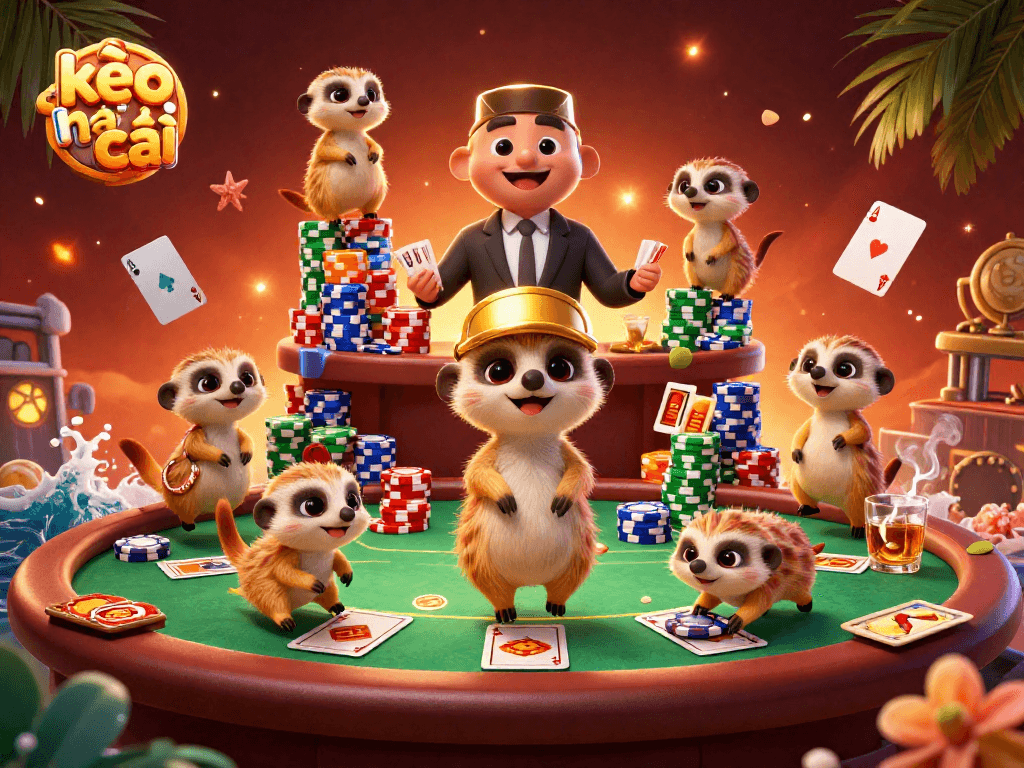 Engage with the thrilling world of kèo nhà cái at this vibrant meerkat casino illustrated scene.