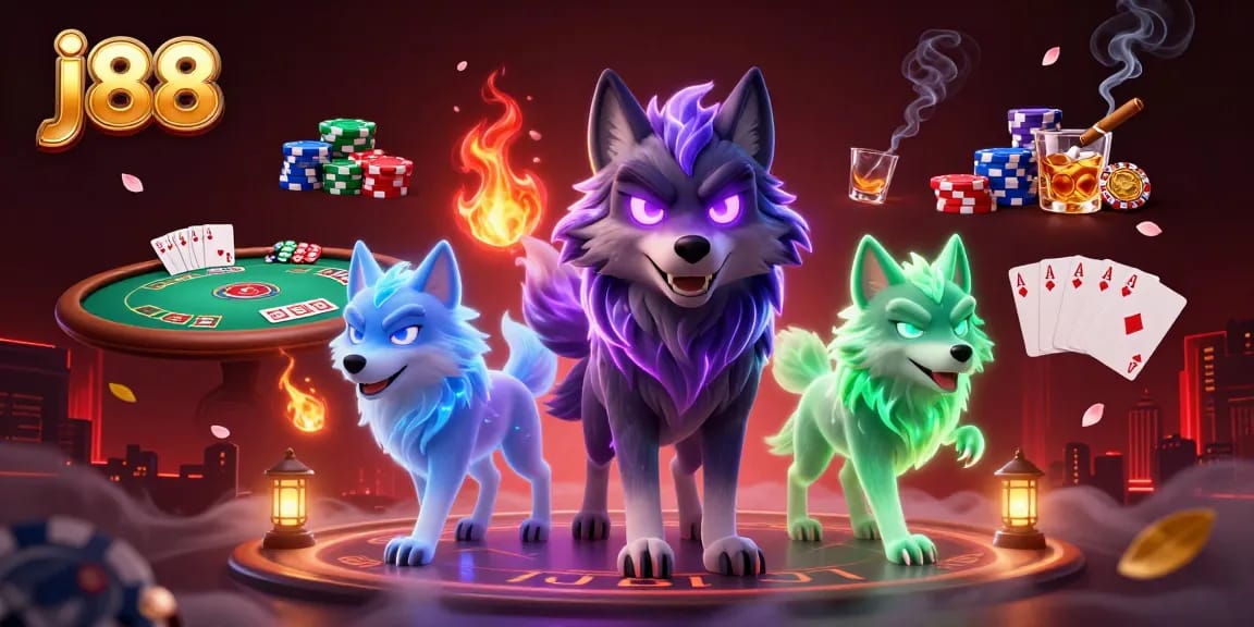 Engage with j88's thrilling poker scene featuring ghostly wolves and vibrant gambling elements.
