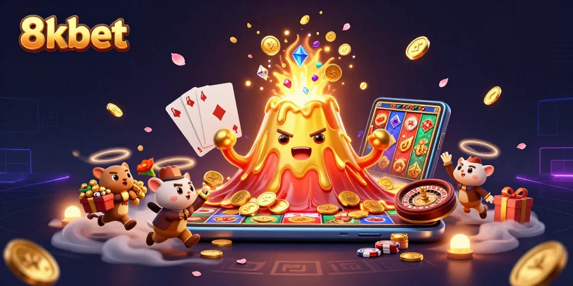Immerse in 8kbet's exciting gaming universe with a triumphantly erupting volcano and treasure-hunting adventures.