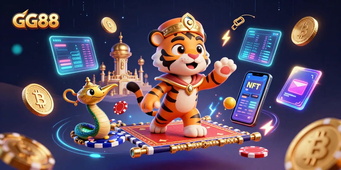 Join the adventure at GG88 with a tiger sultan and crypto elements in a vibrant 3D casino scene.