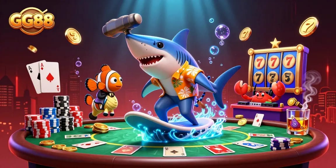 Experience the thrill of winning at GG88 with animated characters amidst a vibrant casino scene.