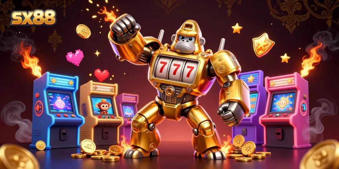 Experience thrill at sx88 with a dynamic 3D casino scene featuring a golden gorilla mech and arcade elements.