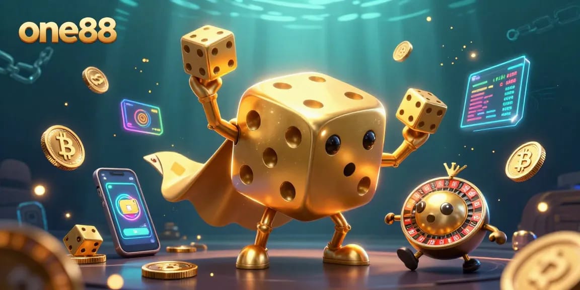 Engage with one88's vibrant 3D casino illustration featuring gleaming dice and crypto elements.