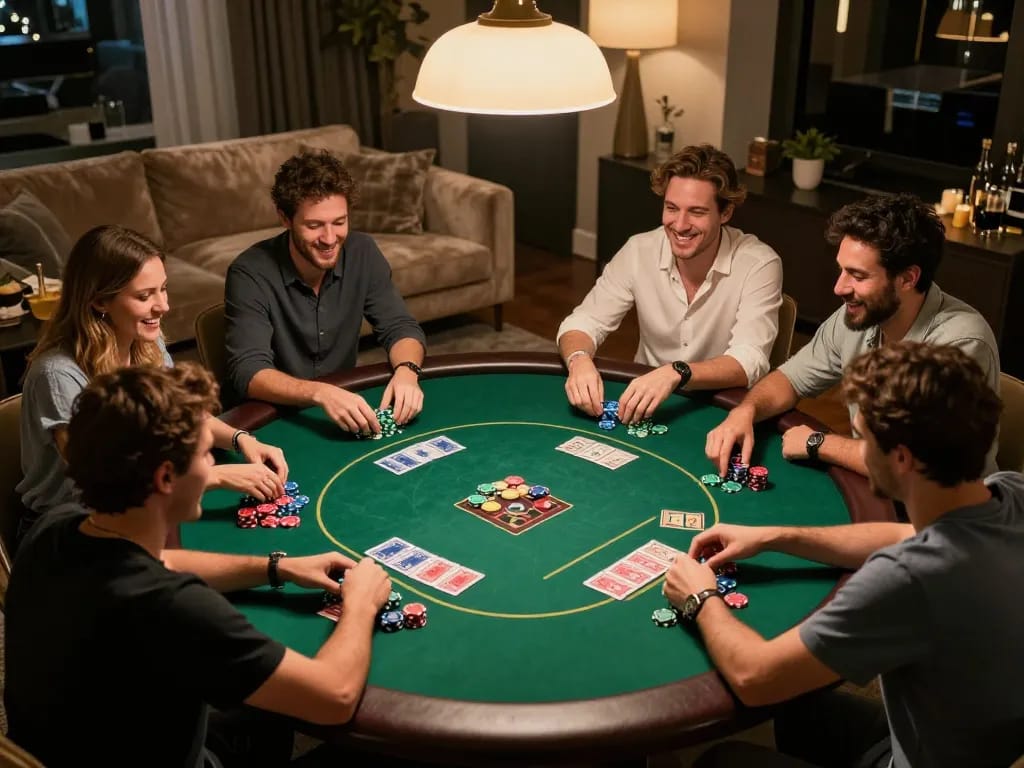 Play poker with friends at home, tic88 gaming strategy and excitement captured around the table