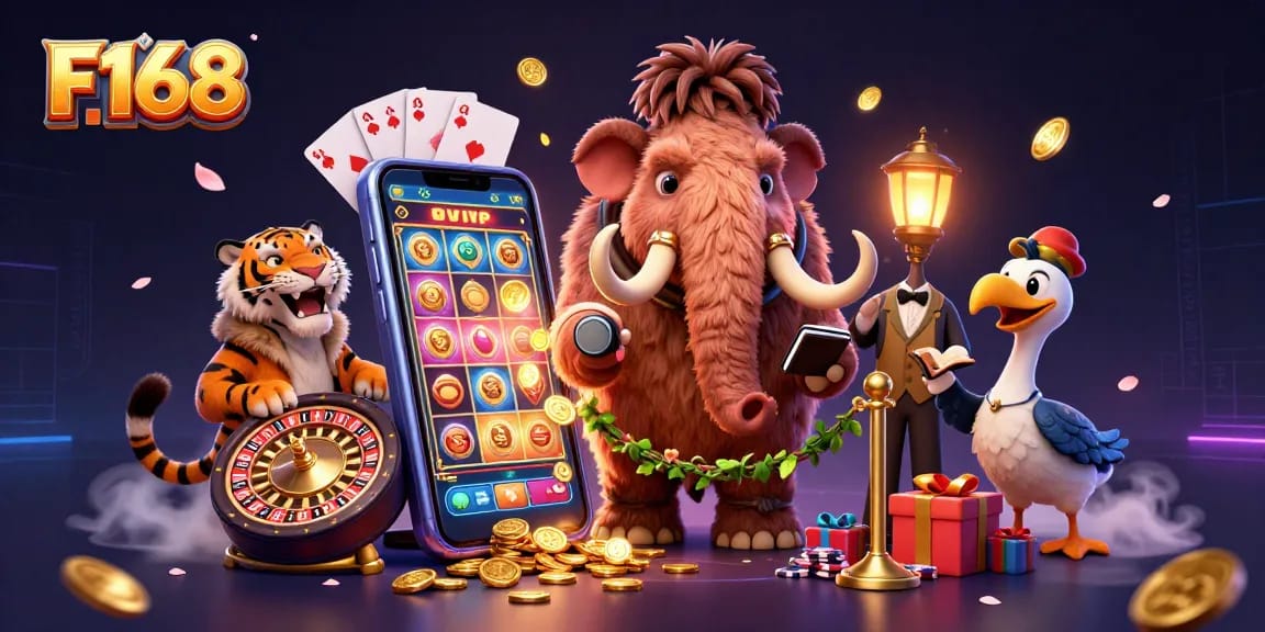 Experience F168 with a vibrant casino scene, featuring unique characters like a bouncer checking IDs and dynamic gaming elements.