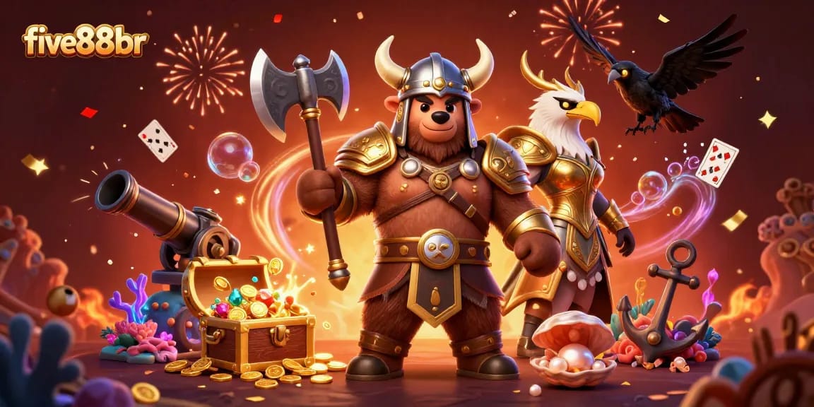 Experience thrilling action at five88br with Viking and eagle characters surrounded by vibrant casino treasures.