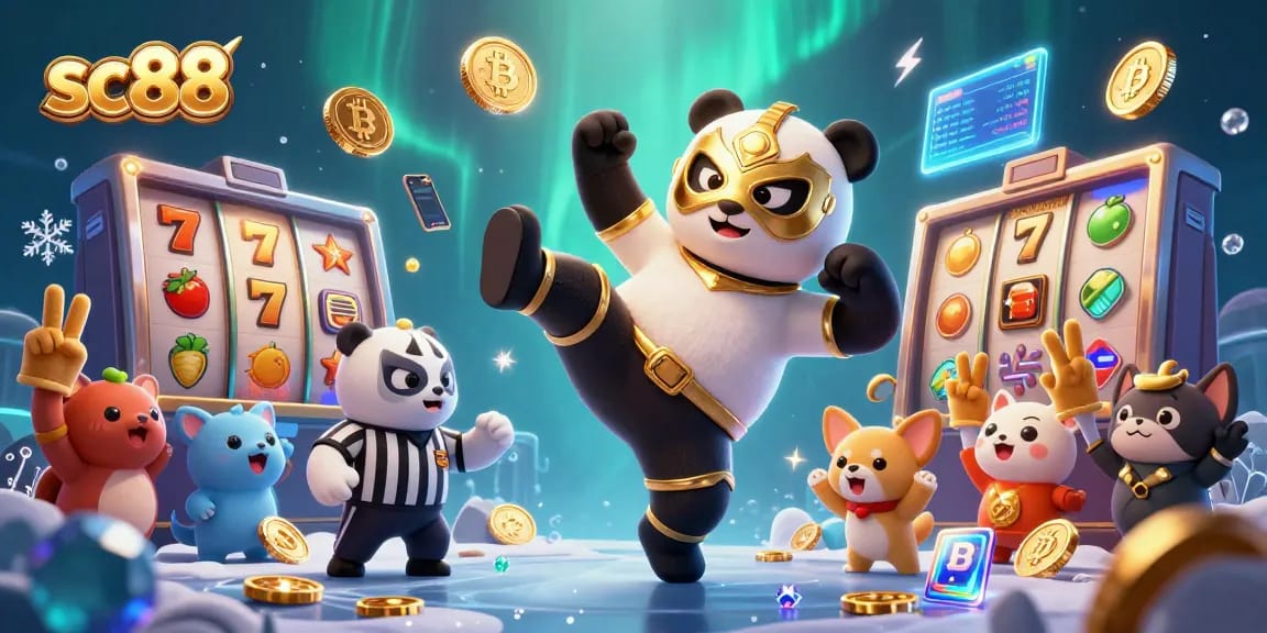 Experience thrilling gameplay at sc88 with a panda wrestler and crypto vibes in a vibrant casino scene.