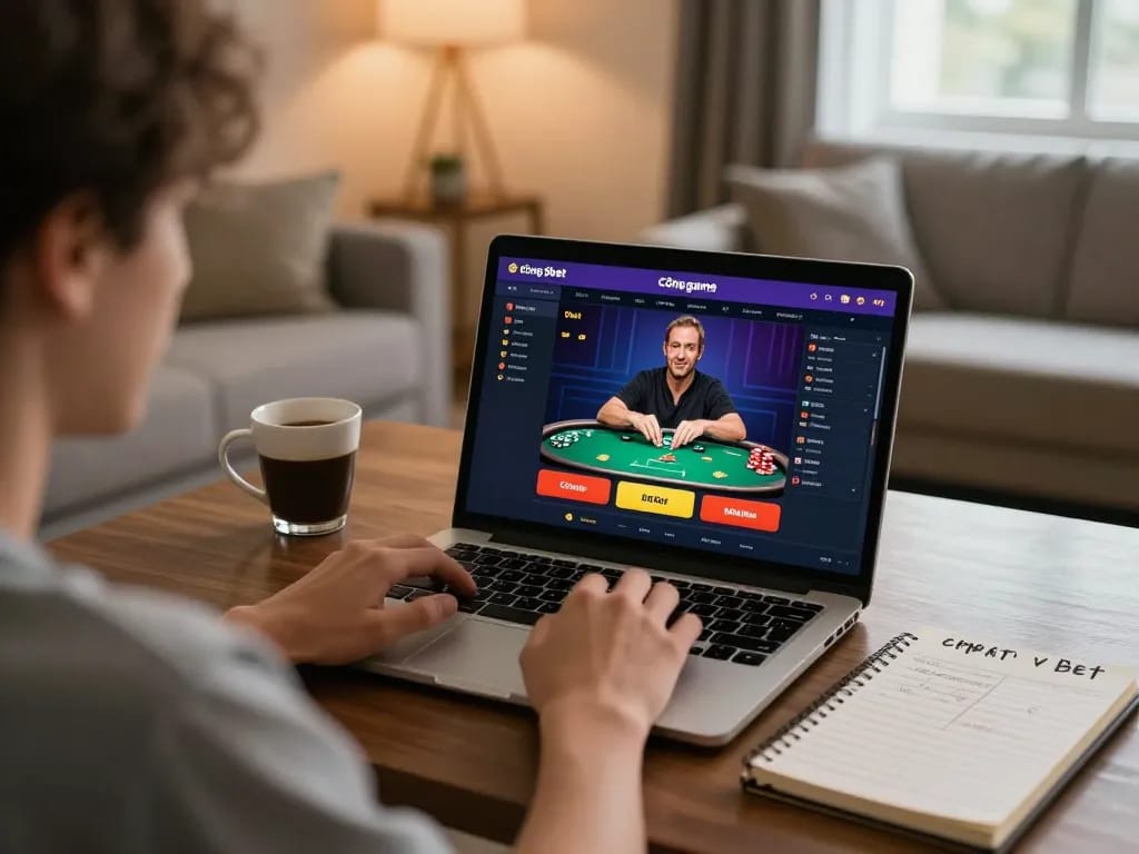 Cổng game 9bet's online gameplay session shows a person engaged in poker strategies at home with a laptop and notepad.