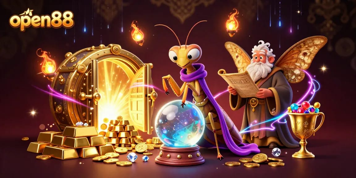 Open88 engages players with vibrant, multi-character scene showcasing dynamic casino elements and fortune teller mystique.