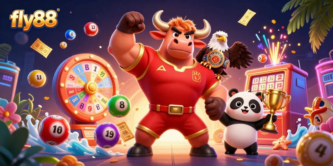 Join the excitement at fly88 with a lively victory celebration featuring dynamic casino elements and characters.