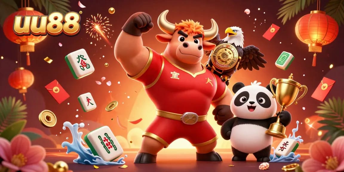 Experience thrilling wins with uu88 in a vibrant 3D illustration of a bull mascot, eagle, and panda celebrating together.