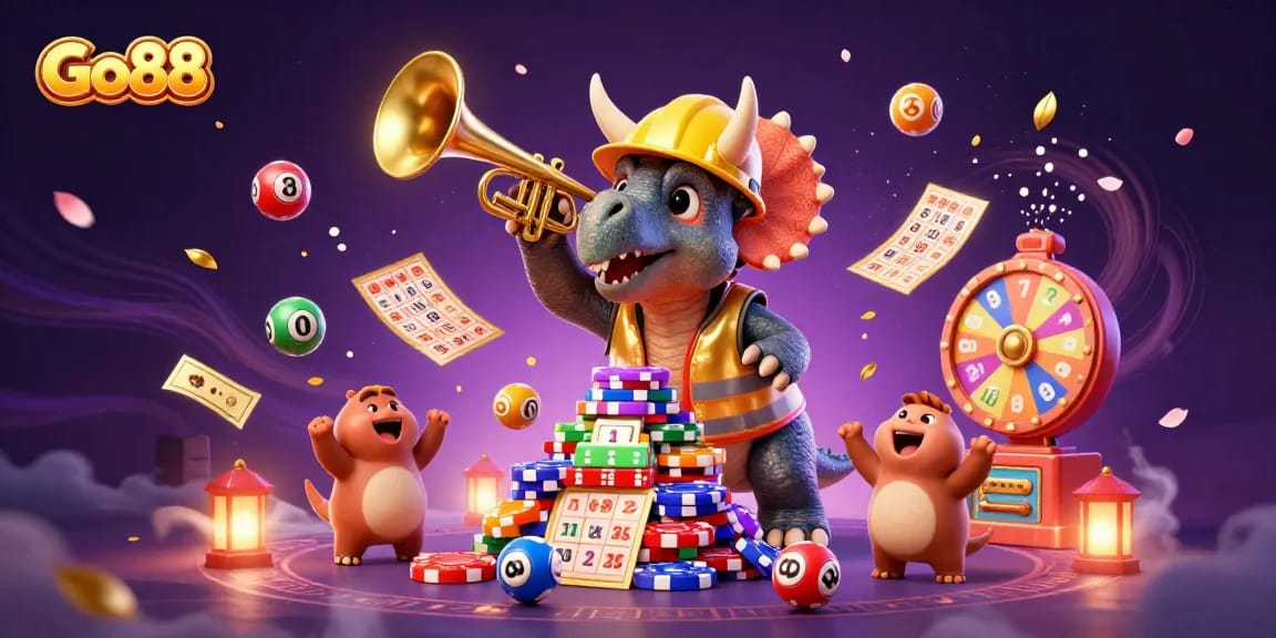 Engage with Go88's exciting gambling experience featuring colorful balls, chips, and festive characters.