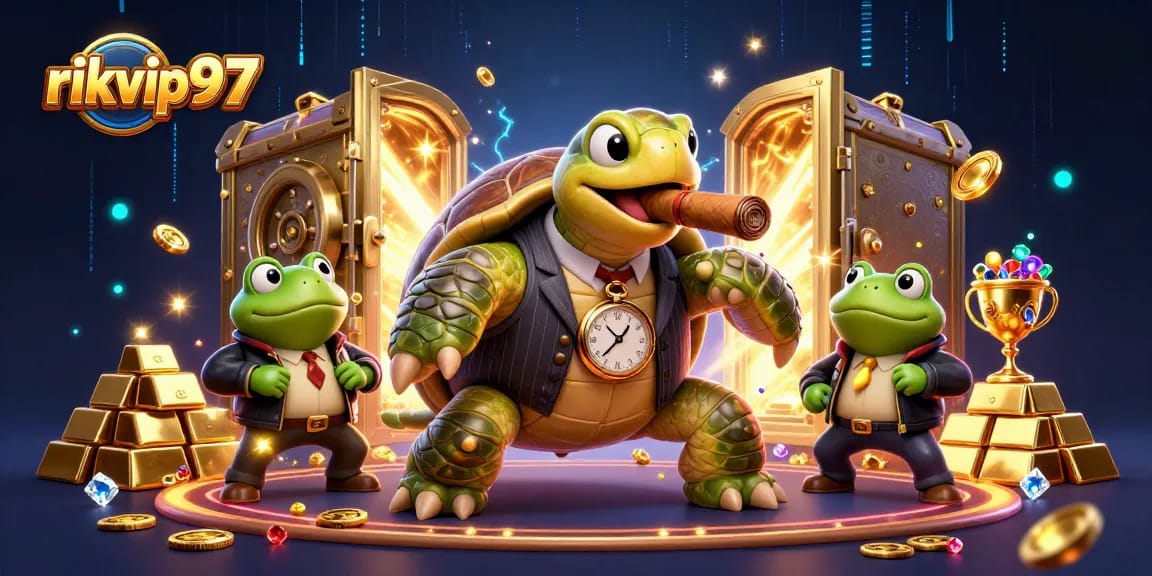rikvip97 showcases a vibrant casino scene with a mobster turtle and bullfrog enforcers amidst golden treasures.
