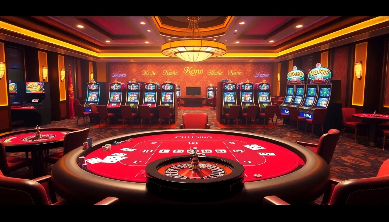 Engaging scene of gamblers at nhà cái ku88, showcasing vibrant casino tables and poker action.