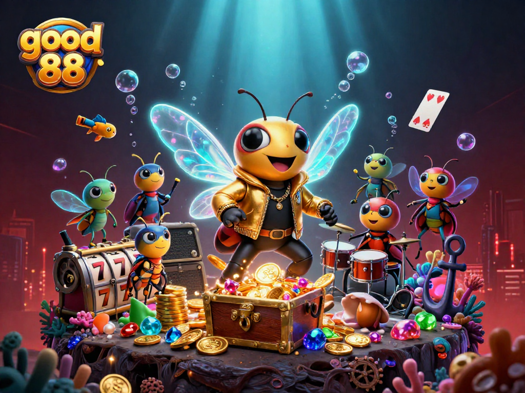 Engage with the exciting world of good 88 through a vibrant casino scene animated with jackpot action and game treasures.