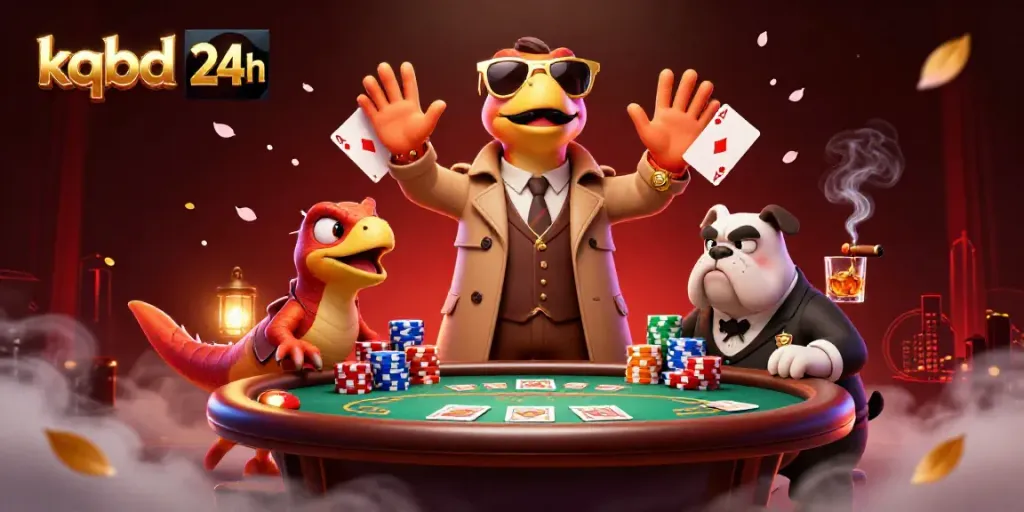 Three raptors in a trench coat humorously entering a casino lounge, showcasing the fun of kqbd 24h.