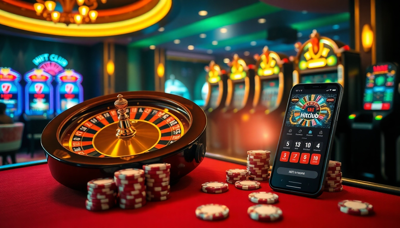 Hitclub app showcasing a lively casino atmosphere with poker chips and slot machines.