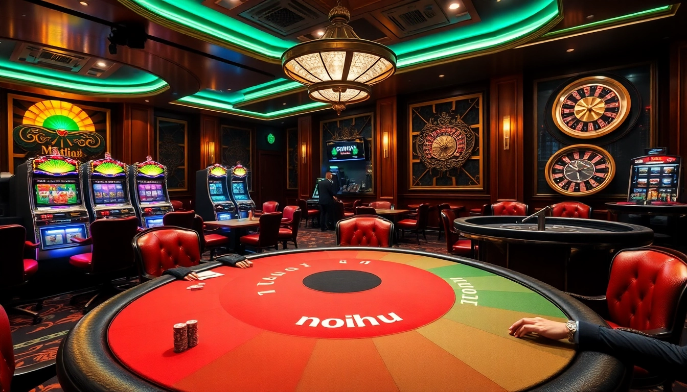 NoHu-inspired casino scene featuring an exciting poker table with vibrant chips and players.