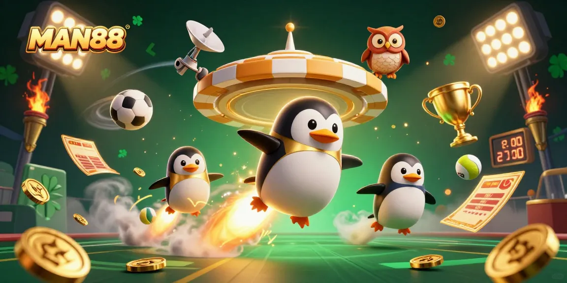 MAN88 showcases a golden penguin racing to a casino station filled with vibrant gaming elements.
