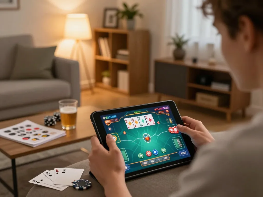Engaging online poker gameplay on Website Lu88 showcased in a cozy home setting with strategy notes present.