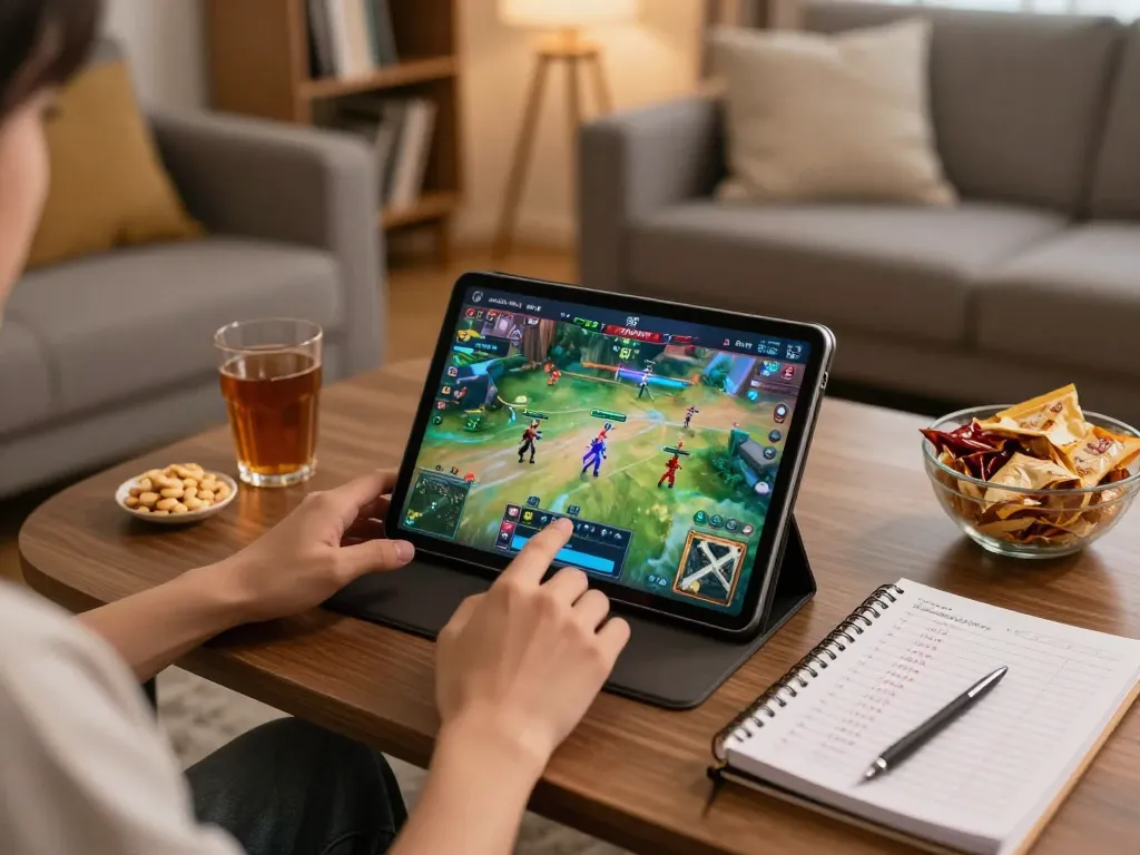 Engaging in đá gà trực tiếp thomo live betting from home with tablet and strategic notes.