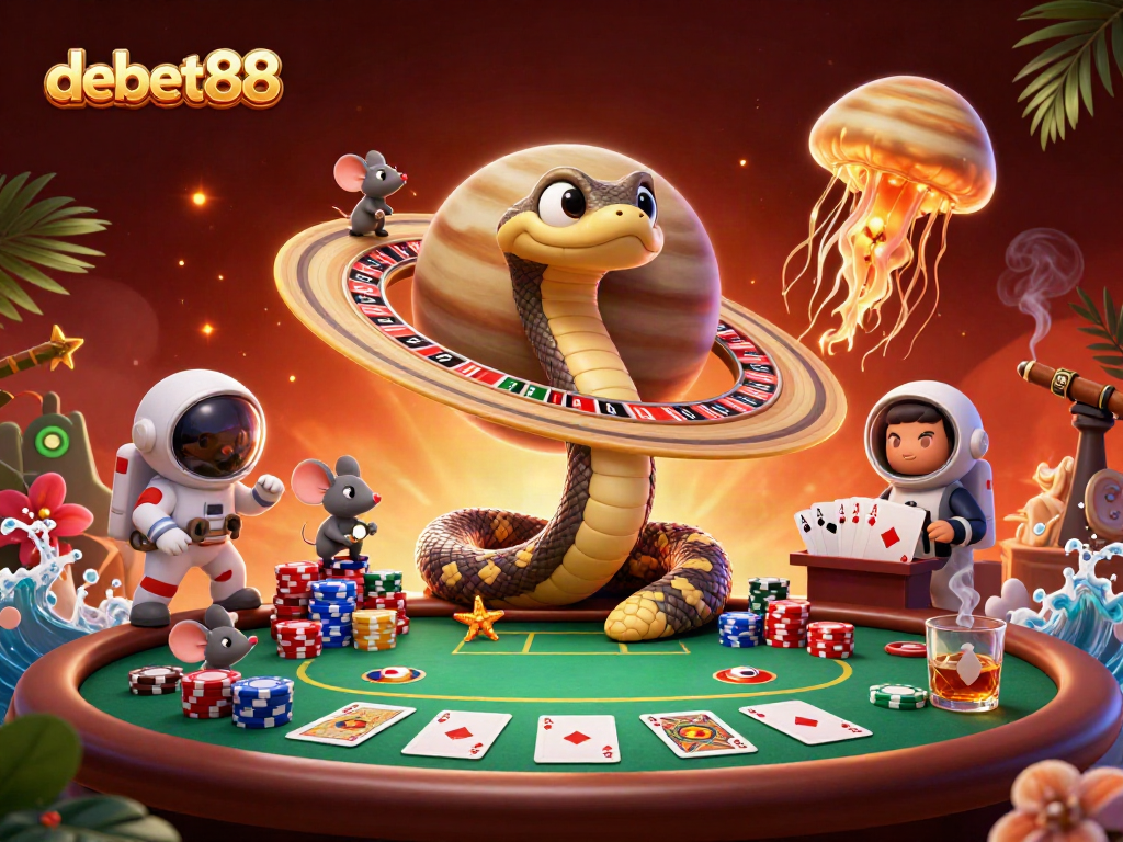 Witness debet88's thrilling cosmic casino scene with a Saturn snake and poker elements.