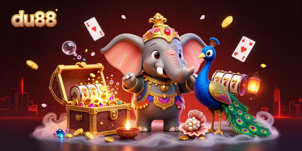 Engage with du88's vibrant casino world, featuring a colorful 3D elephant and dynamic slots.