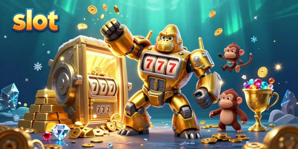 Engage with slot excitement featuring a golden gorilla mech, treasures, and dynamic casino elements.