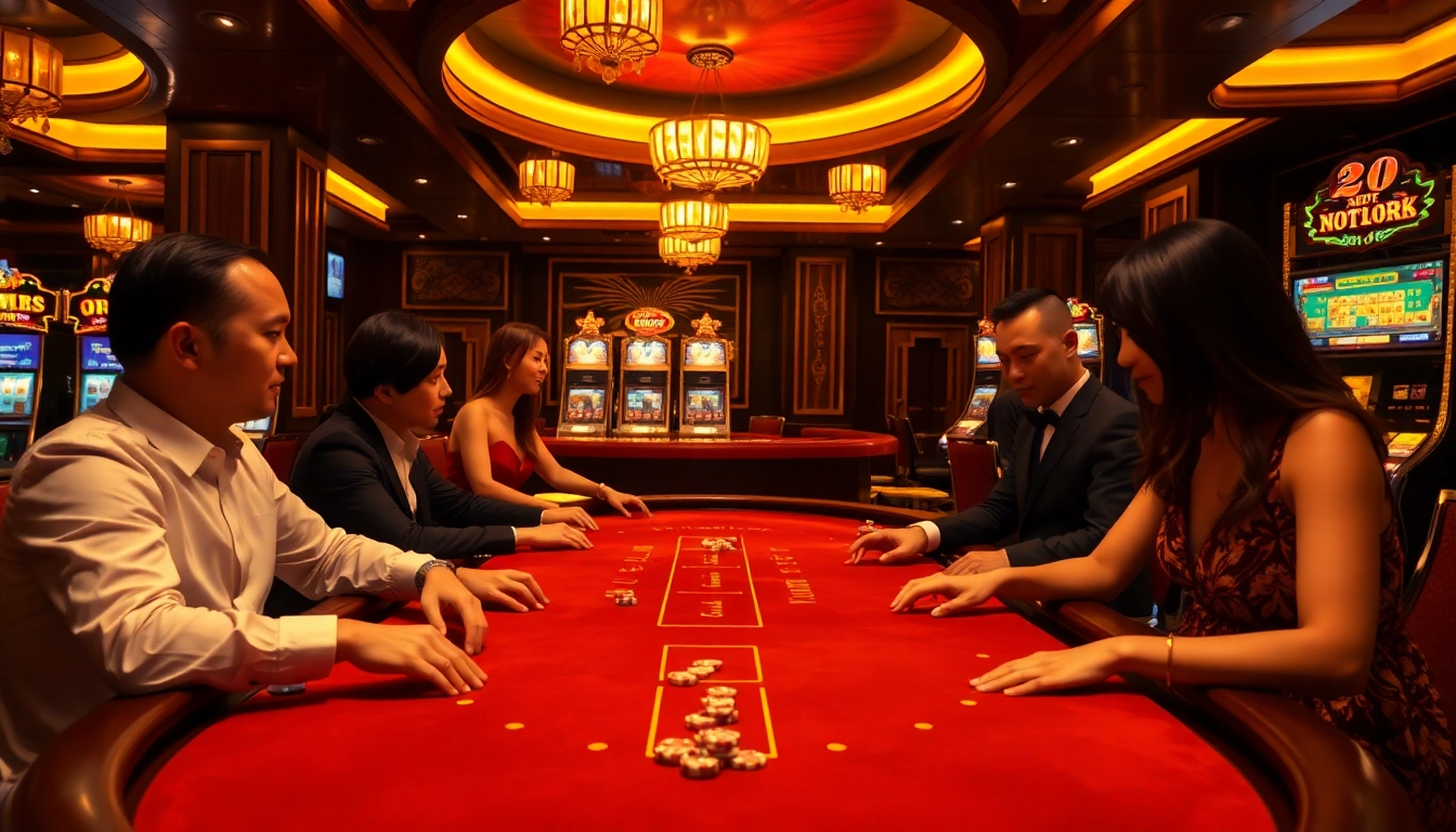 Players enjoying a thrilling game at https://lucky88qq.com/, surrounded by luxurious casino elements and vibrant slot machines.