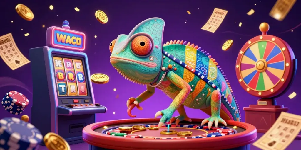 Experience vibrant slots and casino excitement with golden coins and colorful game elements.