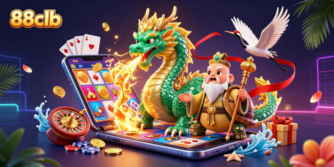Engage with an exciting scene of 88clb, featuring a jade dragon, lucky cranes, and dynamic casino games.