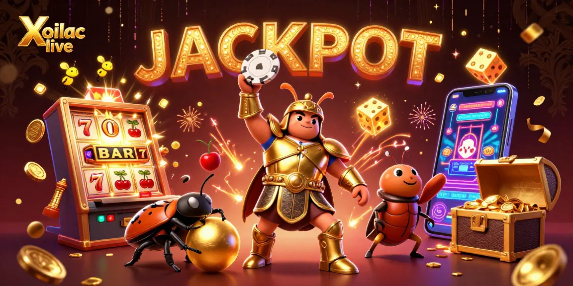 Xoilac live celebrates gaming excitement with a heroic beetle themed jackpot illustration full of action.