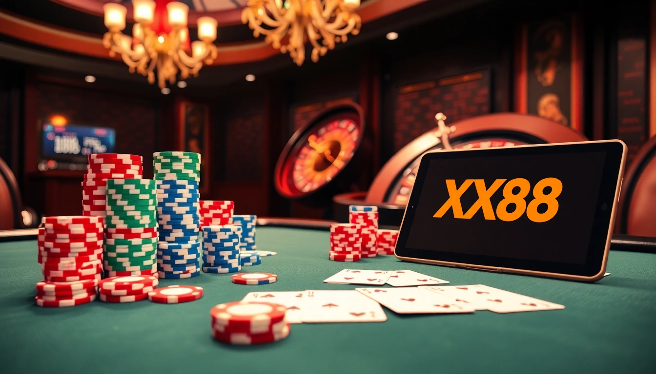 Experience the exciting atmosphere of XX88 casino with vibrant poker games and luxury.