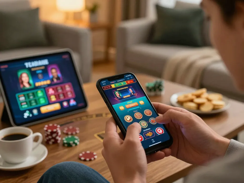 Engaging with vin88 casino app on smartphone, enjoying a relaxed gaming atmosphere